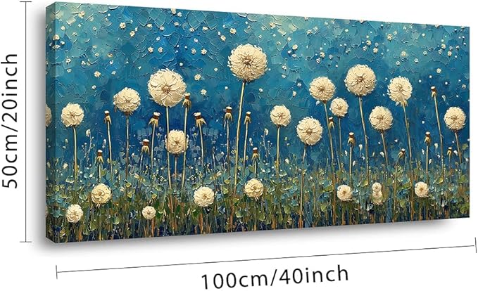 LASMOND Teal Dandelion Wall Art for Living Room Abstract Blowball Canvas Painting Prints Large Flower Floral Grassland Bedroom Decoration Modern Artwork Decor (40x20 Inches)