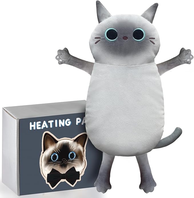 Microwave Heating Pad for Cramps Pain Relief, 22 * 13'' Moist Microwavable Stuffed Animal Period Menstrual Heating Pads for Back, Neck Shoulder and Knee, Big Siamese Cat