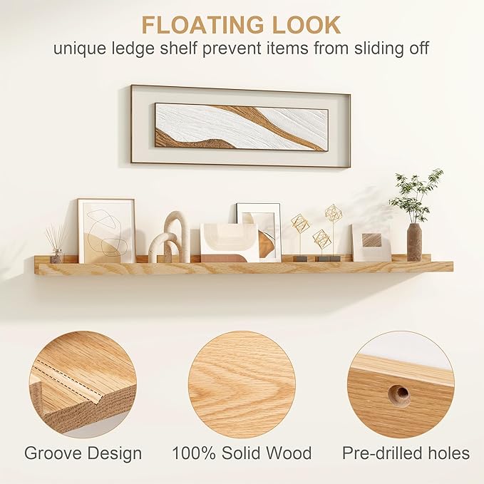 Floating Picture Ledge Shelves 36 Inch Solid Oak Wood Set of 2, Rustic Wall Storage Shelves with Lip, Kids Bookshelf, Photo & Picture Ledge Shelves for Bedroom, Living Room, Kitchen