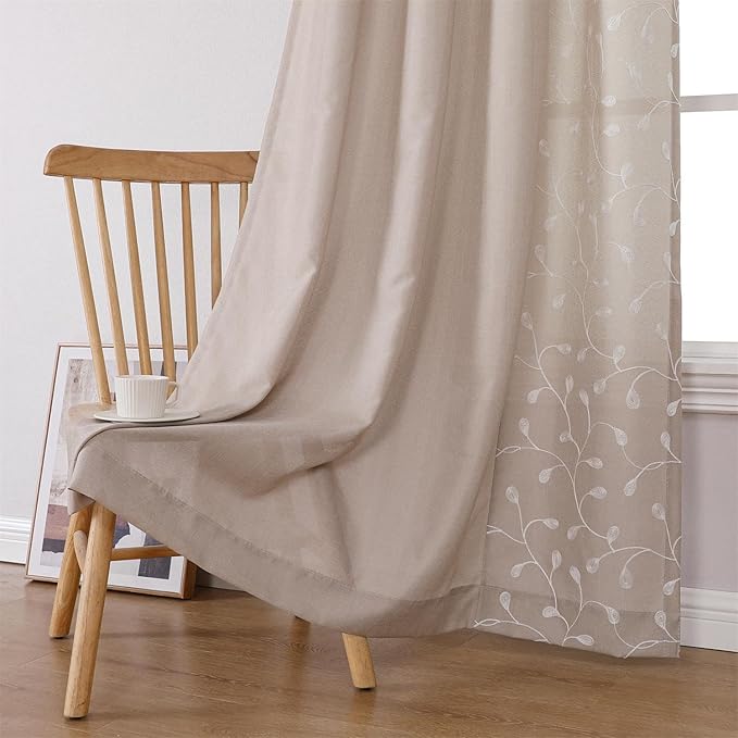 MIUCO Light Filtering Faux Linen Curtains, 63 Inch Length for Bedroom & Living Room, Linen Floral Embroidered Solid Mix and Match, Semi Sheer Grommet Farmhouse Drapes, 2 Panels Set