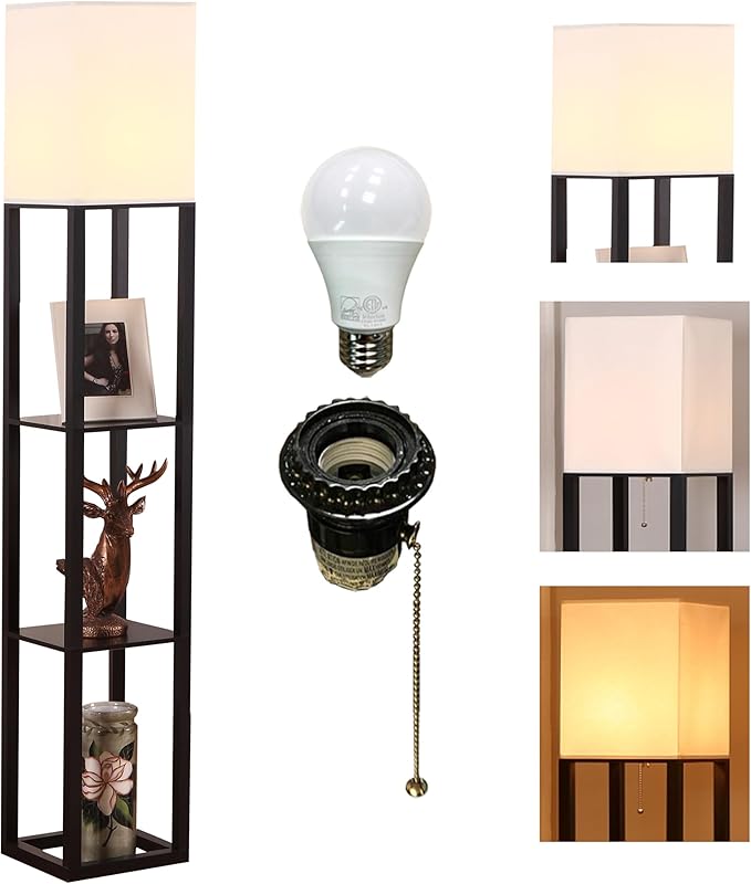HomeFocus - Floor Lamp with Shelves,Shelf Floor Lamp with LED Bulb,Bookshelf Corner Display Lamp for Living Room,Bedroom and Office,White Linen Shade,Rustic Wood,Black