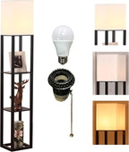 HomeFocus - Floor Lamp with Shelves,Shelf Floor Lamp with LED Bulb,Bookshelf Corner Display Lamp for Living Room,Bedroom and Office,White Linen Shade,Rustic Wood,Black