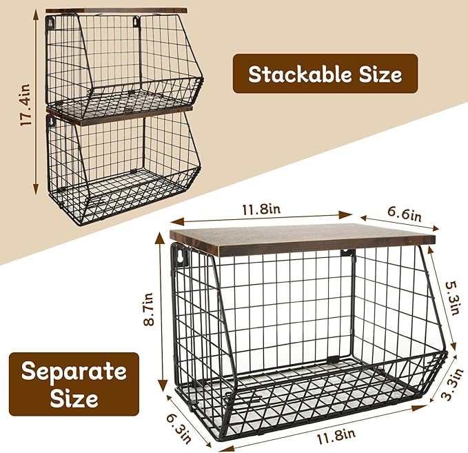 CYEAH 2 Pcs Stackable Fruit Basket for Kitchen, Hanging Wall Fruit Basket with Wood Lid, Space Saving Wall Mounted Mesh Metal Wire Baskets, Kitchen Counter Organizer for Snack, Onion, Potato Storage