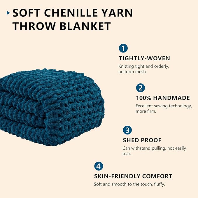 L'AGRATY Chunky Knit Blanket Throw: 80''x90'' Chenille Chunky Knitted Throw Blankets for Bed Couch - Handmade Thick Big Cable Knit Blanket - Large Crochet Rope Blankets for Home Decor(Blue)