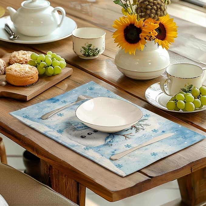 Blue Snowman Snowflake Winter Placemats Set of 4 Seasonal Christmas Linen Table Mats 12x18 Inch Xmas Holiday Snow Farmhouse Rustic Washable Place Mats for Party Kitchen Dining Outdoor Indoor Decor