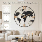 24 Inch Large Wall Clock,Modern Decorative Big World Map with Vintage Gold Arabic Numeral Extra Giant Metal Oversized Wall Clocks for Living Room,Office,Kitchen,Dining Room,Bedroom