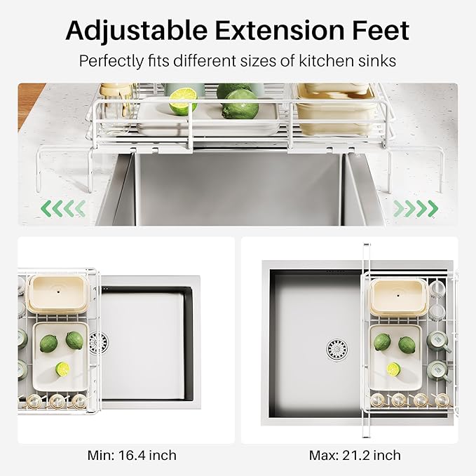Dish Drying Rack - Extendable Dish Rack, Large Sink Drying Dish Drainer for Kitchen Counter, Stainless Steel Dish Strainer with Utensil Holder (White)