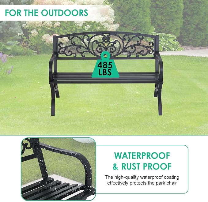 FDW Outdoor 50 Inches Garden Bench, Slatted Seat Armrests Floral Design Backres and Arch Legs, Perfect for Park, Yard, Porch, Lawn, Balcony, Backyard, Black