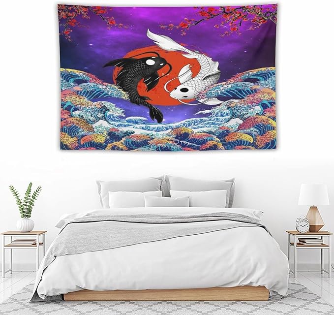 Houselerax Japanese Koi Fish Tapestry, Yin Yang Big Wave Cherry Blossom Tapestries Wall Hanging for Bedroom Living Room Office Decor 60"x40"