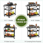 Outdoor Grill Cart Table,Indoor and Outdoor Pizza Oven Table,with 4 Movable Total Lock Casters, Hooks, Side Handle Multifunctional (Black)