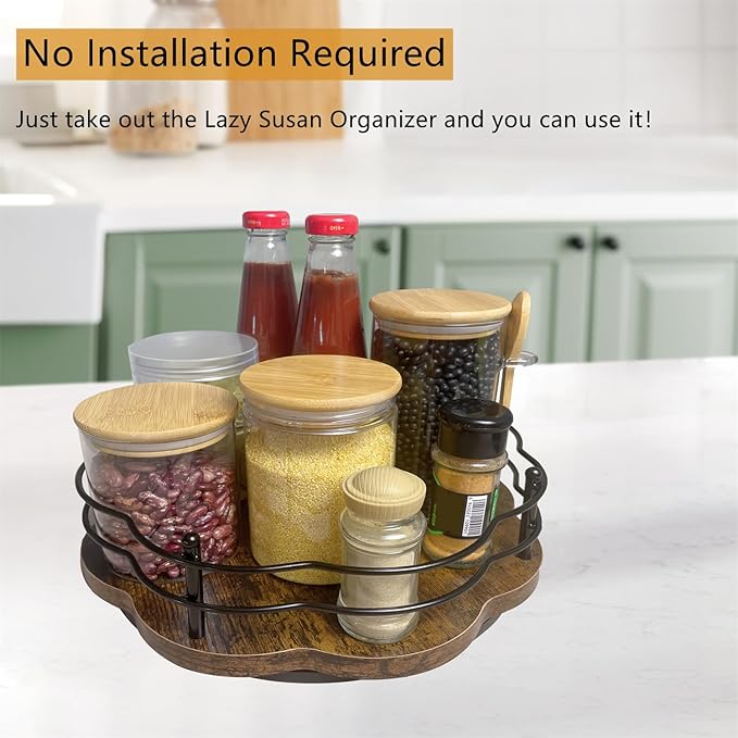 12" Lazy Susan Turntable Organizer with Higher Metal Sides, Wooden Lazy Susan Spice Rack Organization and Storage for Cabinet,Kitchen,Countertop,Table Top,Dining Table,Coffee Bar Decor