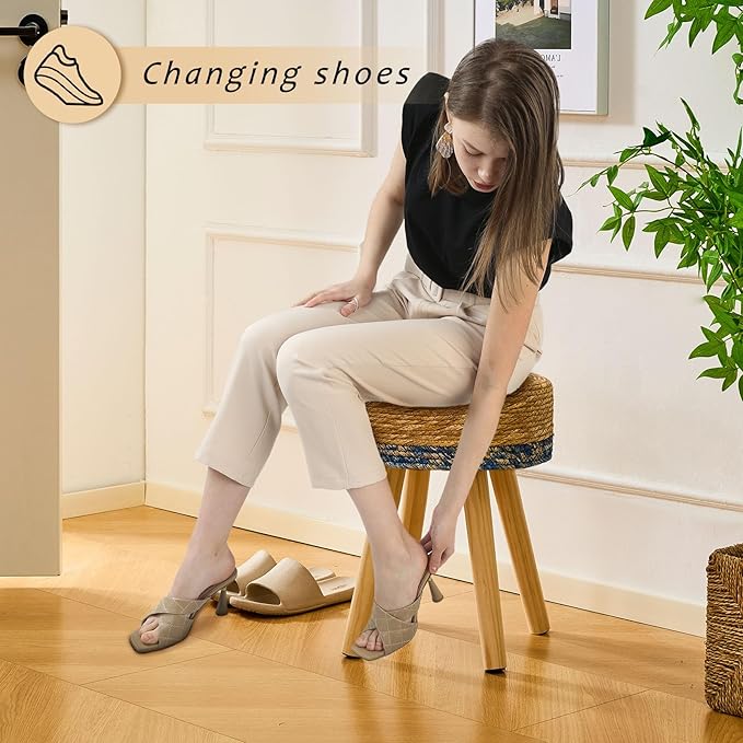 Handwoven Outdoor Ottoman, Water Hyacinth Pouf Round Patio Footstool with Wood Legs, 17-Inch Multipurpose Vanity Stool, Dining Chair, Patio Footrest for Balcony and Garden, Blue