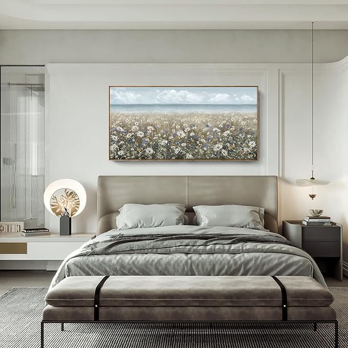 amatop Oversized Wall Art for Living Room Extra Large Farmhouse Boho Framed Beach Coastal Vintage Ocean Floral Canvas Print Daisy Flowers Sea Wall Picture Neutral Nautical Artwork Bedroom Office Decor