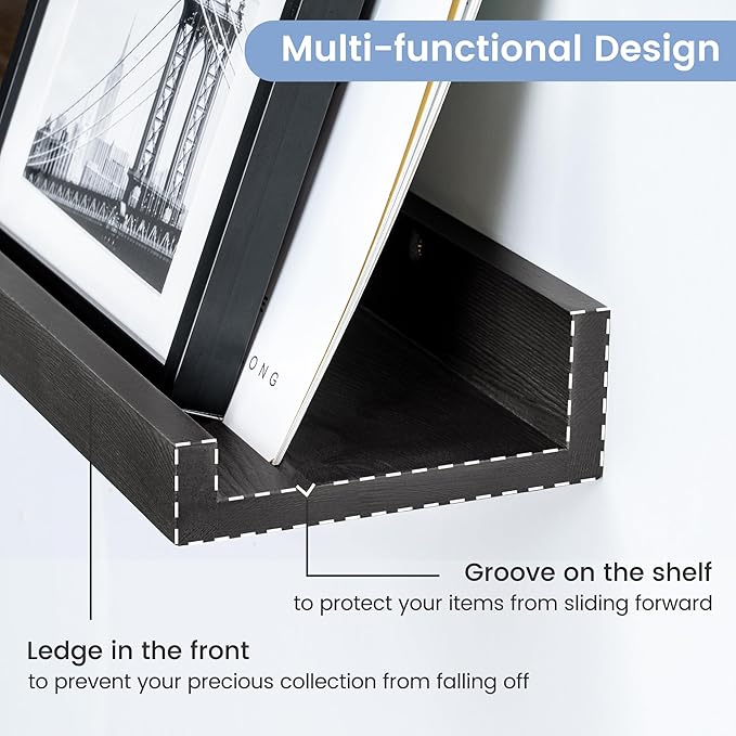 Picture Ledge Shelf for Wall, 48 inch Solid Pine Wood Nursery Book Shelves 2 Packs, Floating Ledge Shelves for Kids' Room Bedroom Bathroom Living Room Photo Frames Office Nursey Wall Decor, Black
