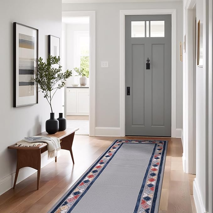 Beverly Rug Outdoor Runner Rug 2x7 Modern Floral Bordered Area Rugs for Indoor and Outdoor Patio Easy to Clean Non Shedding Living Room Porch Garden Washable Outside Carpet (2 x 7 Gray)