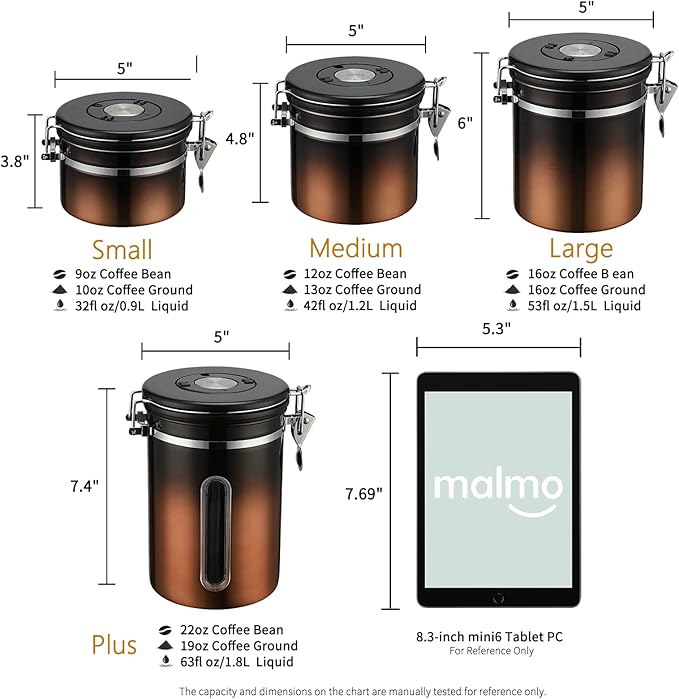 malmo Coffee Canister, Airtight Coffee Container with Date Tracker Lid, Stainless Steel Canister for Kitchen Food Storage (Black-Copper, 22oz with 1/4 Cup)