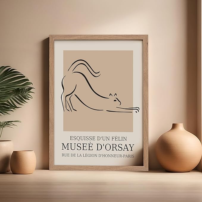 Poster Master Vintage Poster - Retro Minimalist Print - Gift for Artist, Housewarming - Cat, Line Drawing, Sketch, Abstract - Wall Decor for Living Room, Bedroom, 16x20 Beige Framed