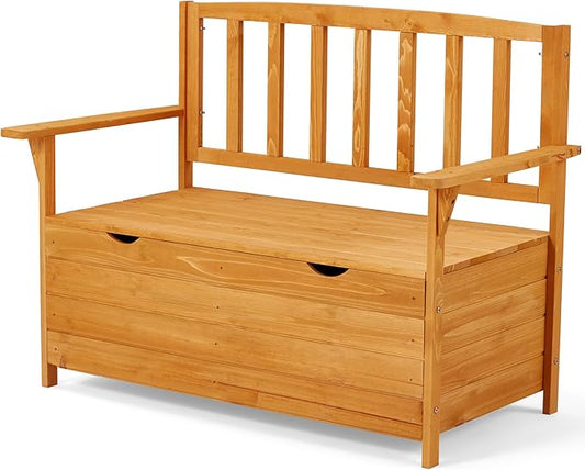 AVAWING Outdoor Storage Bench, Wooden Garden Bench Weatherproof, Patio Benches for Outside, 2-Seat Front Porch Bench, Park Bench for Deck, Lawn, Backyard (Yellow)