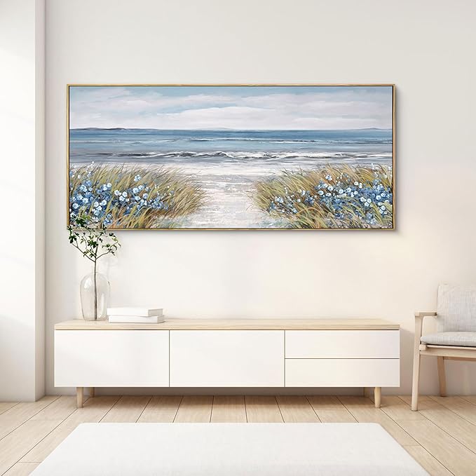 XLSJERST Extra Large Framed Wall Art for Living Room Decor - Farmhouse Boho Beach Coastal Vintage Floral Ocean Wall Picture Flowers Sea Canvas Print Artwork for Home Bedroom Office