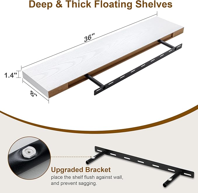 Fun Memories White Floating Shelves 36 Inch Long, 8 Inch Deep Floating Shelf for Wall, 36" W x 8" D Floating Shelves Set of 2, White Deep Wall Shelves for Bedroom, Living Room, Kitchen