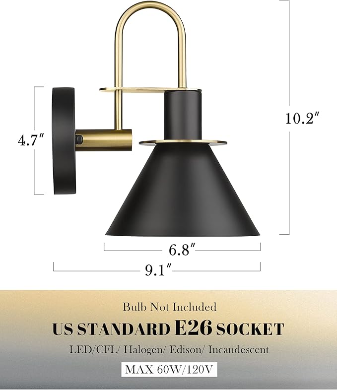 Industrial Wall Sconce Set of 2, HWH Modern 1-Light Bathroom Vanity Light Fixtures, Single Wall Sconce for Bedroom, Balcony, Over Mirror, Kitchen Sink, Black and Gold Finish, 5HZG56B-2 BK+BG