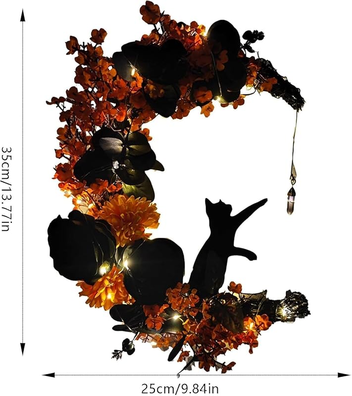 Halloween Wreaths for Front Door with Light, Black Cat Crescent Moon Wreath, Cute Cat Garland Halloween Door Decorations for Outdoor Indoor Decor Wall Window Home Party