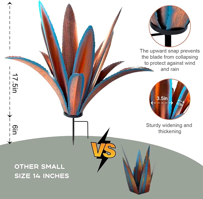 TOMBABY Enlarge Thickened Wind Resistant Metal Agave Garden Art Metal Plant Country Sculpture Statue Outdoor Decoration Agave Metal Plant Courtyard Garden Lawn Ornament Gift (1, 12 Leaves Blue)