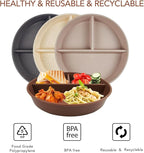 greenandlife 9 Inch 4PCS Portion Control Plates with Lids, Divided Plates for Kids Adults, Dishwasher Microwave Safe Compartment Plate, Unbreakable Lightweight Reusable Wheat Straw Plate, Earth Tone