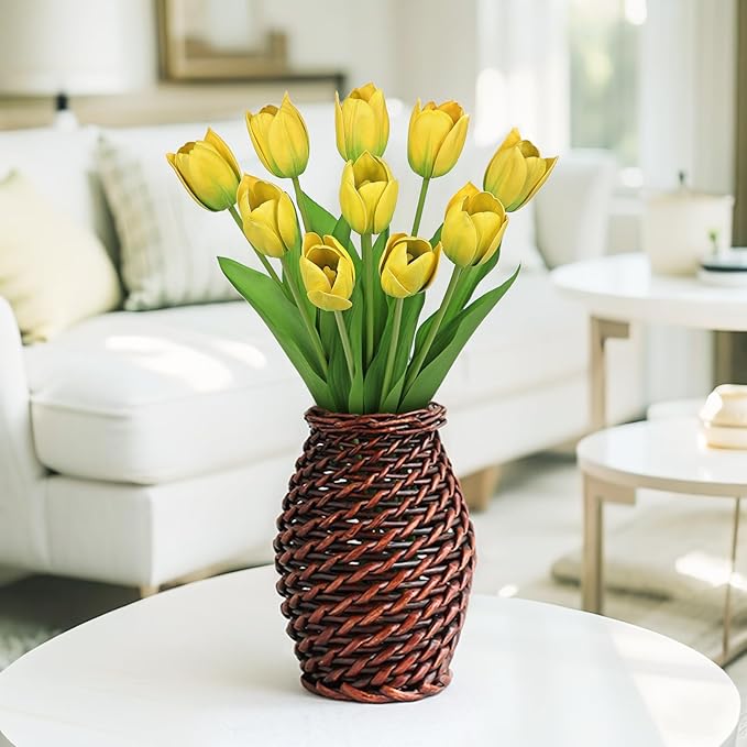 Artificial Tulips Flowers – 20" Long Stem Faux Tulips, 10PCS Real Touch Fake Yellow Tulip for Vase, Farmhouse, Kitchen, Spring & Wedding Home Decor