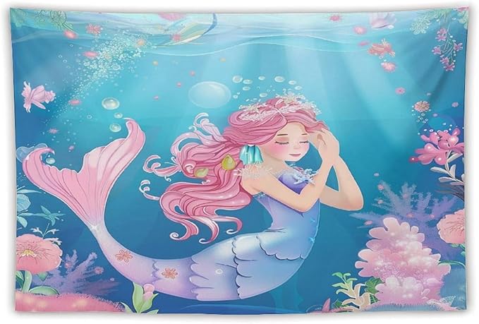 HZOHNAGO Mermaid Girls Tapestry Watercolor Flowers Mermaid Princess Blessing Pattern for Kids Room Decoration Printed Wall Tapestry Wall Hanging for Bedroom Living Room Dorm 90" W x 60" H