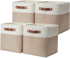 DULLEMELO 11 inch Cube Storage Bins, Large Collapsible Grey Storage Baskets for Square Cubes Organizing, Fabric Boxes Bins for Shelves Nursery Home Office Storage(4 Pack - 11" White&Khaki)