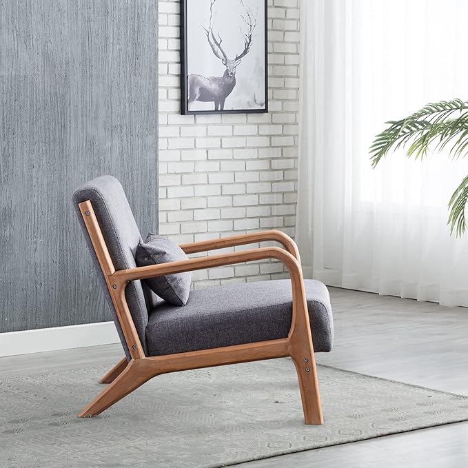 INZOY Mid Century Modern Accent Chair with Wood Frame, Upholstered Living Room Chairs with Waist Cushion, Reading Armchair for Bedroom Sunroom (Dark Grey)