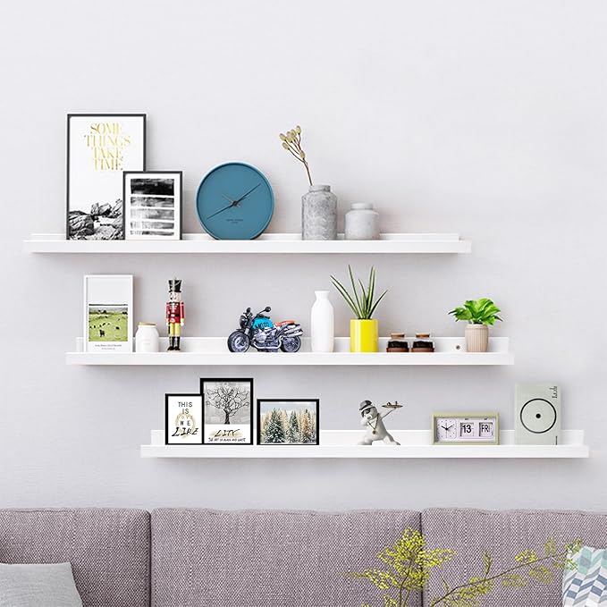 AZSKY 36 Inch Floating Shelves with Ledge White Natural Wood Picture Ledge Shelf 3 Pack Floating Shelf Picture Frame Holder for Bedroom Bathroom Living Room Kitchen Same Sizes