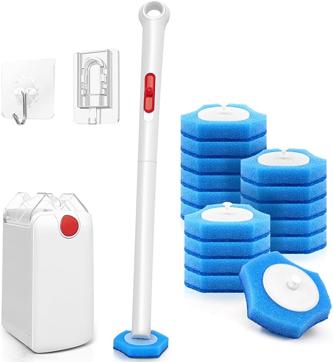 JEHONN Disposable Toilet Bowl Cleaner Wand with Upgraded Clamping System, Wall Mounted Bathroom Scrubber Brush for Bathtub Sink Wash Basin, 16 Refills