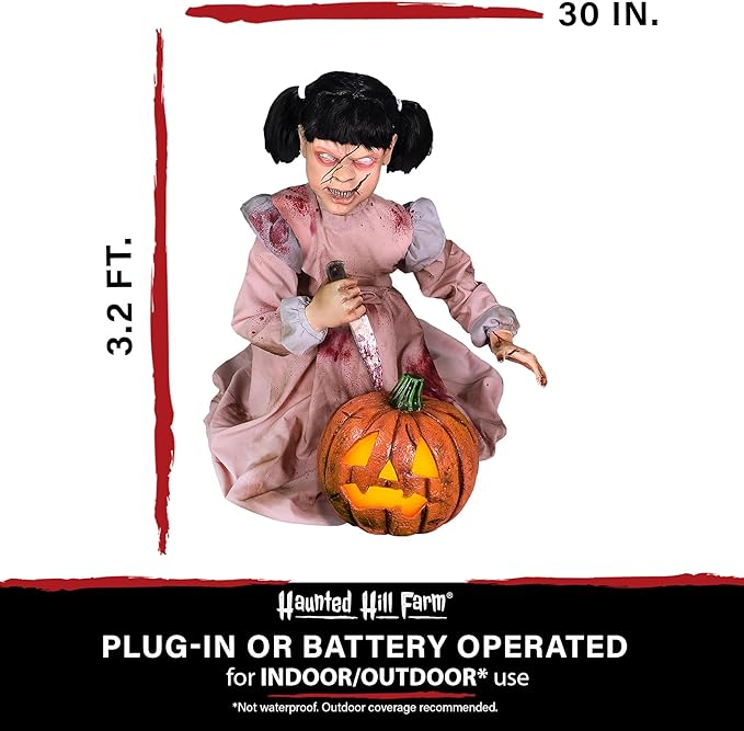 Haunted Hill Farm Lunging Pumpkin Carver Zombie Girl by Tekky, Motion-Activated Talking Halloween Animatronic for Indoor or Covered Outdoor Creepy Halloween Decorations, Plug-in or Battery Operated