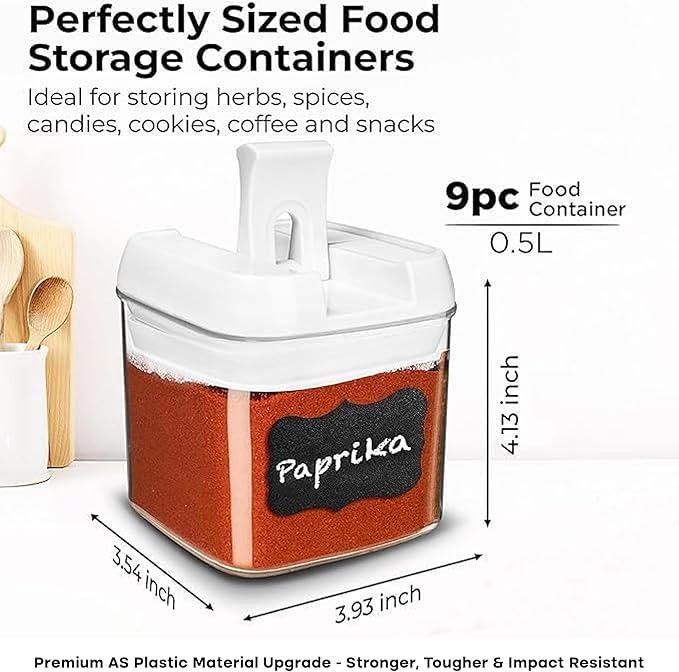 Shazo 9 PC Airtight Food Storage Containers - BPA Free Clear Plastic Snack & Spice Containers with Easy Lock Lids - Kitchen and Pantry Organization for Herbs, Coffee, Tea - 0.5L / 2.1 Cups