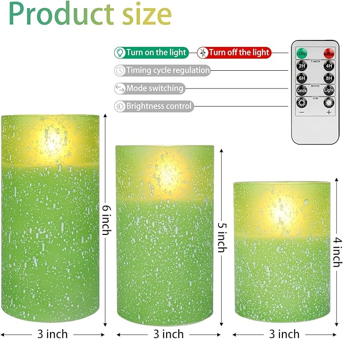 Green Flameless Candles with Remote, Glass LED Pillar Battery Operated Candles with Timer, Flickering Decorative Lights for Home Weddings Holidays Gift Set of 3