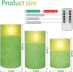 Green Flameless Candles with Remote, Glass LED Pillar Battery Operated Candles with Timer, Flickering Decorative Lights for Home Weddings Holidays Gift Set of 3