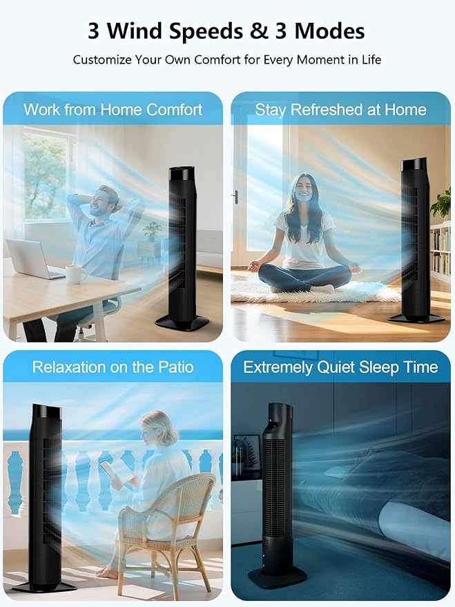 Uthfy 31 Inch Tower Fan for Bedroom, 120° Oscillating Quiet Standing Bladeless Fan With Remote, 7.5H Timer, 3 Speeds, 3 Modes, for Room, Dorm, Office, Black