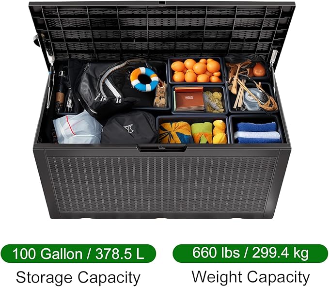 100 Gallon Outdoor Storage Box,Waterproof Lockable Resin Deck Box,Storage Container with Reinforced Support for Patio Cushions, Furniture Supplies, Garden Tools, UV-Resistant Outdoor Chest (Black)