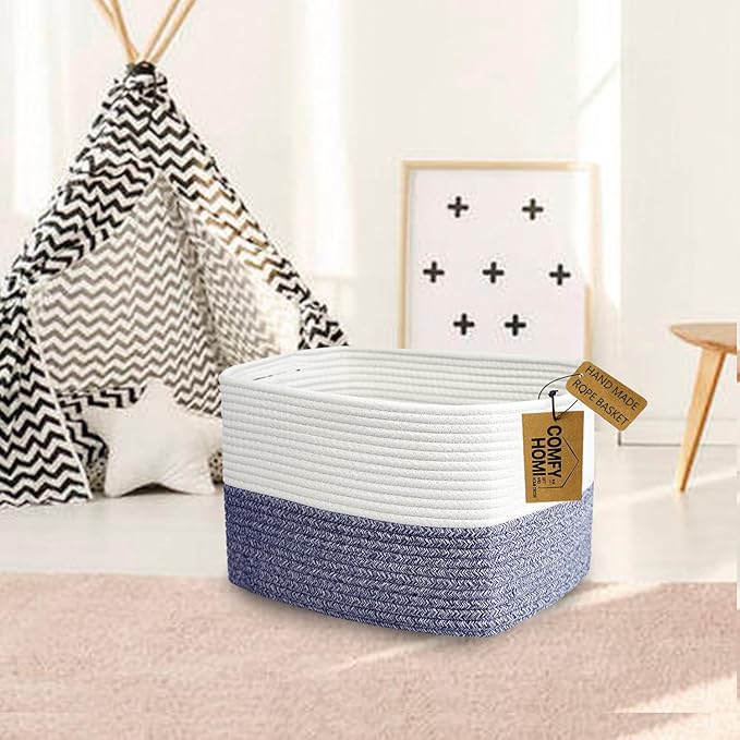 COMFY-HOMI Medium Cotton Rope Basket With Handles for Shelves|Dog Toy|Baby Gift Basket Empty for Organizing|NEW Generation 13.5" x 11" x 9.5" Living Room (Navy Blue)