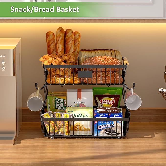 2 Tier Fruit Basket for Kitchen Counter with 2 Banana Hangers, Countertop Metal Fruit Bowl with Wooden Handle, Large Storage Stand for Vegetables, Snacks, Breads, Produce Storage – Black