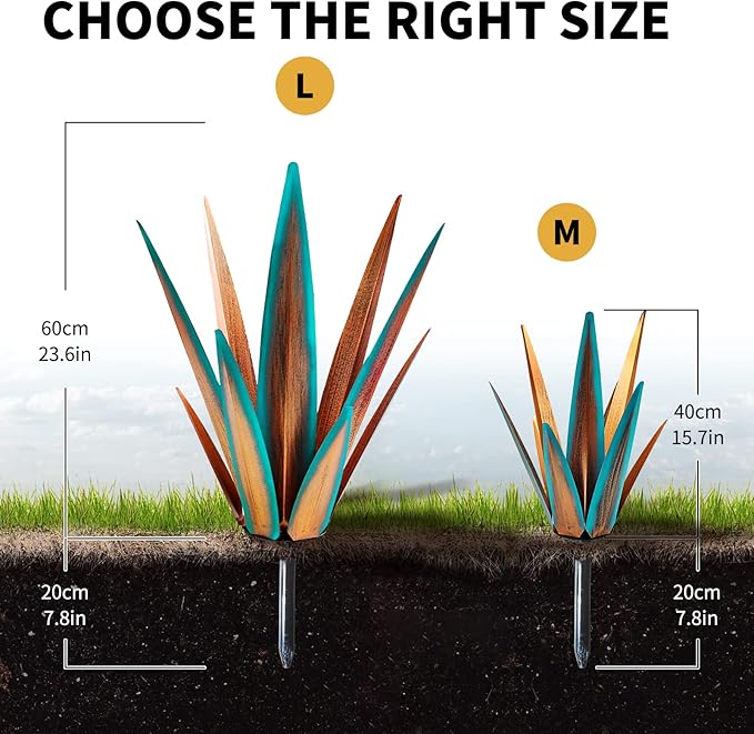 Large Tequila Rustic Sculpture, Agave Plants for Outdoor Patio, Home Decor Hand Painted Metal Garden Statue, Lawn Ornaments Yard Stakes (Blue - L)