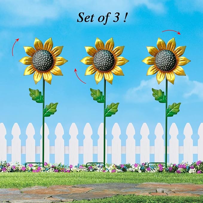 WAIU Metal Sunflower Flower Garden Stakes, Wind Catcher Spinner Garden Stakes, Garden Windmill Stakes Outdoor Wind Catchers, Yard Decor Stakes, Set of 3