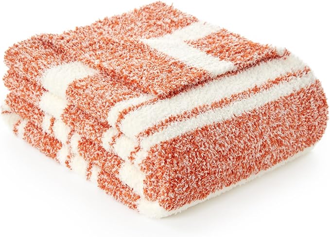 Snuggle Sac Orange Fall Throw Blanket for Couch, Reversible Super Soft Blankets Warm Cozy Knit Fuzzy Plush Blankets for Sofa,Living Room, Stripe Orange,50x60 inches