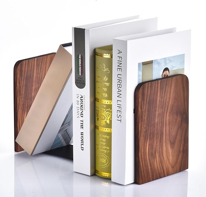 Book Ends, Black Walnut Wooden Bookends for Shelves - Heavy Duty Non-Slip Book Organizers, Upgraded Large Decorative Bookend Holders for Home, Kitchen, Office, Set of 2, Large