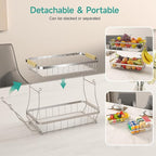 3 Tier Fruit Basket for Kitchen Counter with 2 Mobile Banana Hangers, 2025 Pro Detachable Metal Fruit Bowl with Wooden Handle, Fruit Holder for Bread Snack Veggies, Silvery