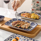 Selamica Ceramic Rectangular Salad Plates Set, Dinner Plate 9.4 Inch Dessert Plates for Party Entertaining, Small Serving Plates for Appetizers, Sushi, Fruit, Set of 4, Vintage Blue