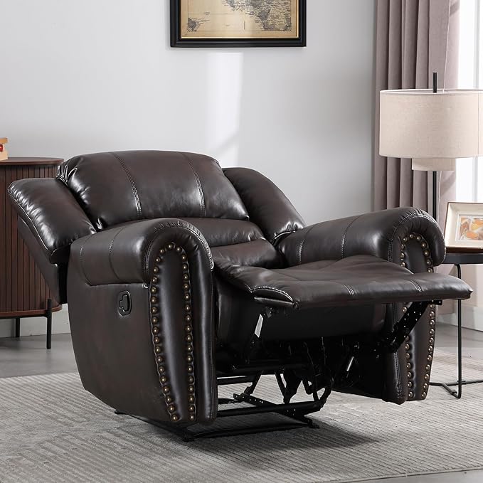 CANMOV Leather Recliner Chair, Classic and Traditional Manual Recliner Chair with Comfortable Arms and Back Single Sofa for Living Room, Dark Brown