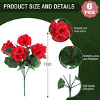 Hananona 6 Bundles Artificial Geranium Flowers for Outdoors Silk Geranium Flowers Outdoor UV Resistant Garden Plants Faux Flower for Home Kitchen Table Centerpieces Decor (6, Red)